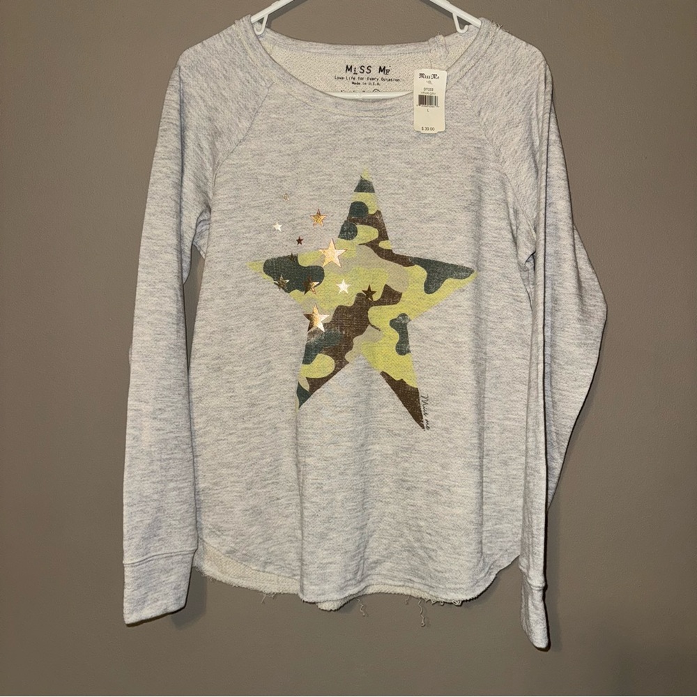 Miss Me Gray Sweater with Camouflage Star